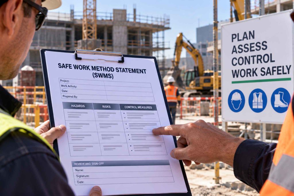Construction workers reviewing a Safe Work Method Statement (SWMS) before starting high-risk work on a commercial construction site.