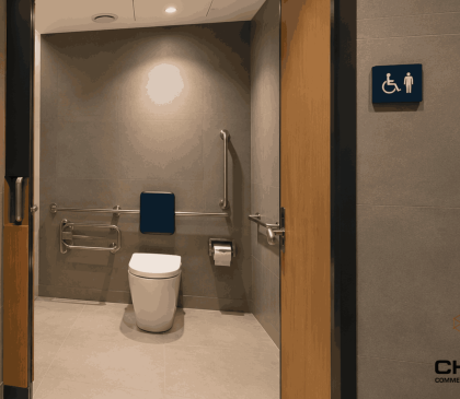 Accessible toilet fitout with grab rails, wheelchair signage and modern tiled finishes in a commercial WA tenancy.