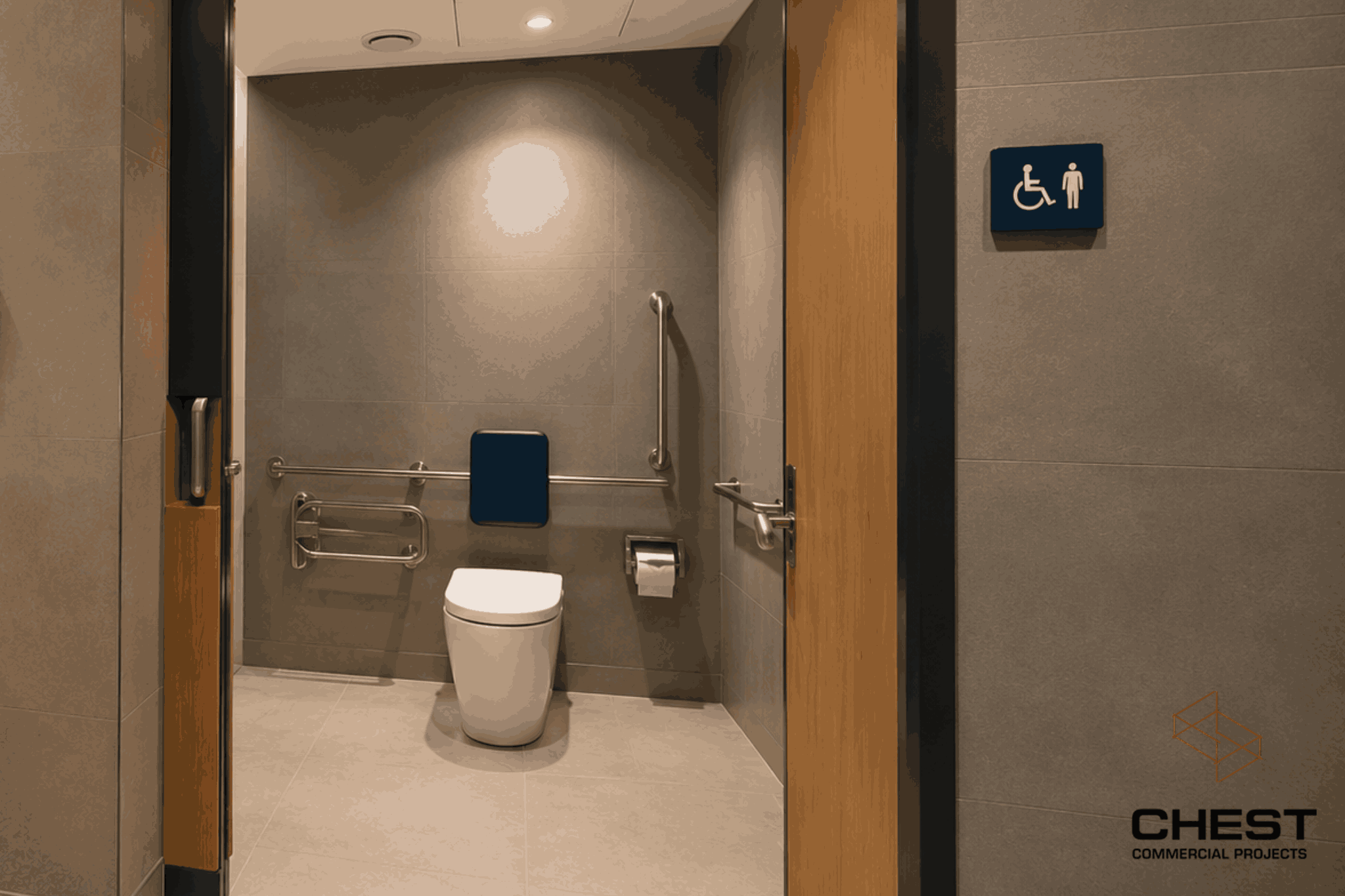 Accessible toilet fitout with grab rails, wheelchair signage and modern tiled finishes in a commercial WA tenancy.