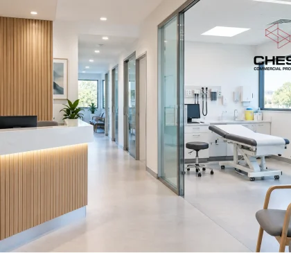 Modern medical fitout in Perth featuring a clinic reception, treatment room, clinical cabinetry, patient seating and contemporary healthcare finishes.