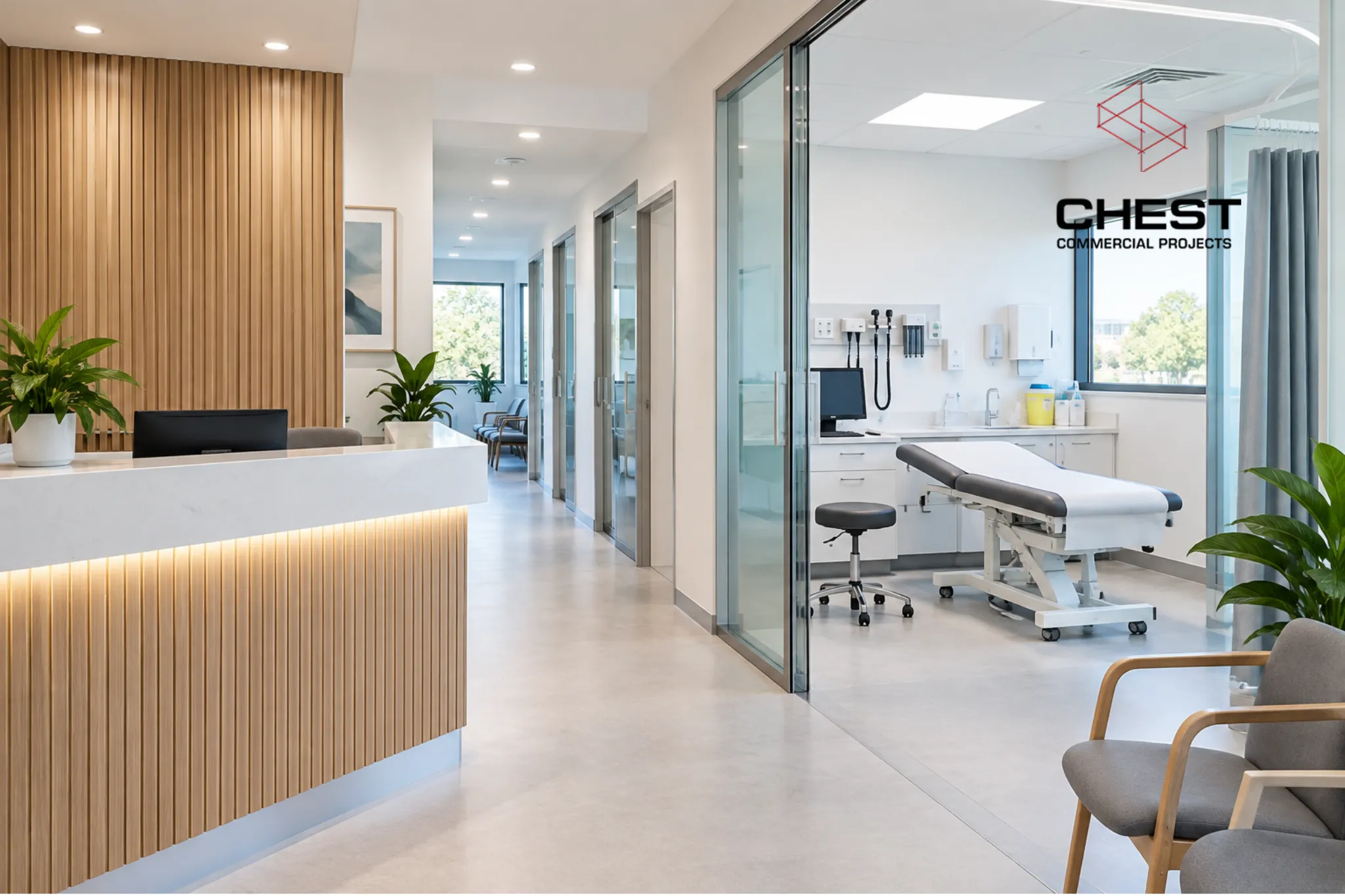 Modern medical fitout in Perth featuring a clinic reception, treatment room, clinical cabinetry, patient seating and contemporary healthcare finishes.