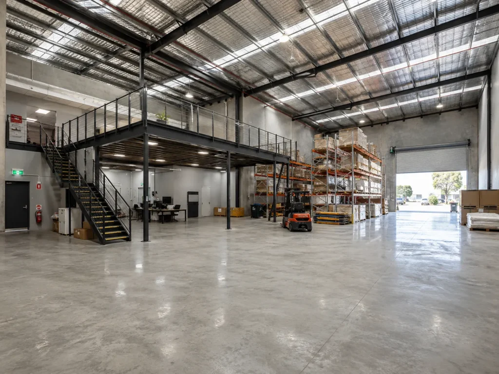Completed Perth warehouse fitout with a steel mezzanine, pallet racking, office workspace, forklift access and loading door.