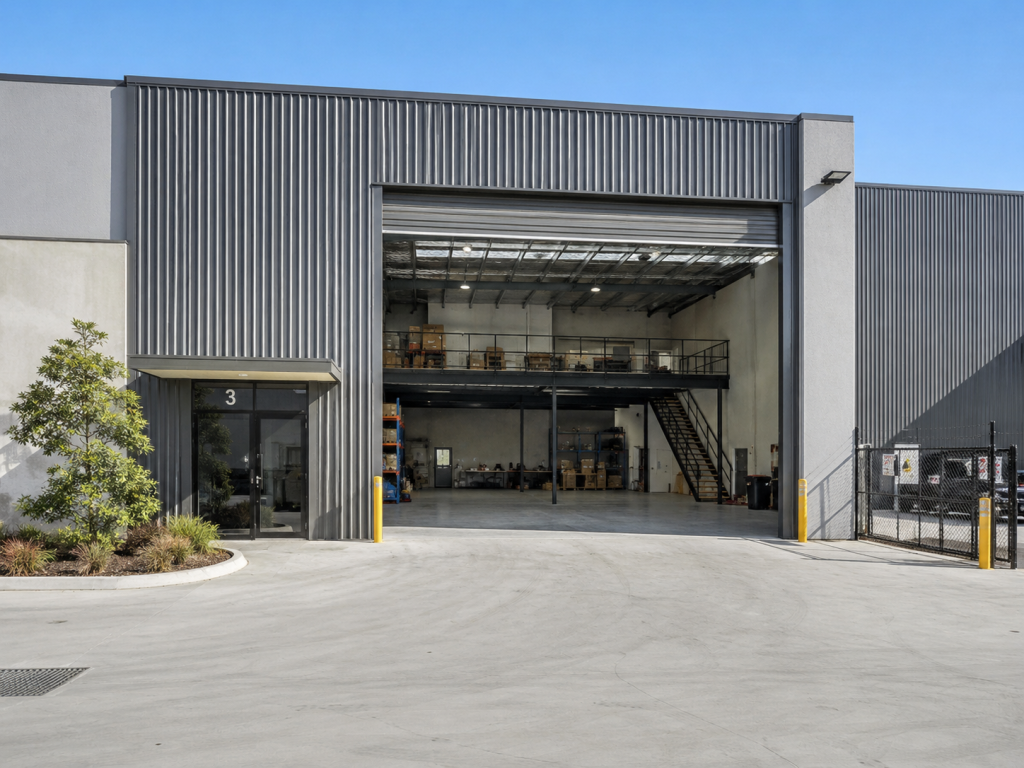 Modern warehouse fitout with an open loading area, storage racking, internal staircase and mezzanine level.