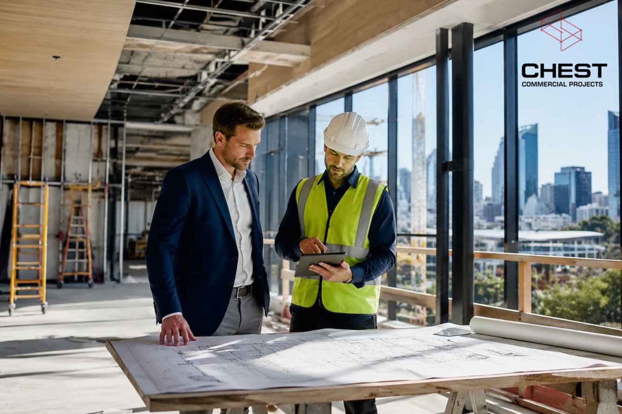 Business owner and commercial builder reviewing fitout plans inside a commercial construction site in Perth, WA
