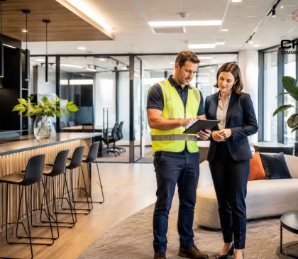 A commercial fitout contractor and client reviewing project details after handover in a completed office, representing defect inspections, warranty periods and ongoing post-fitout support for Western Australian businesses.
