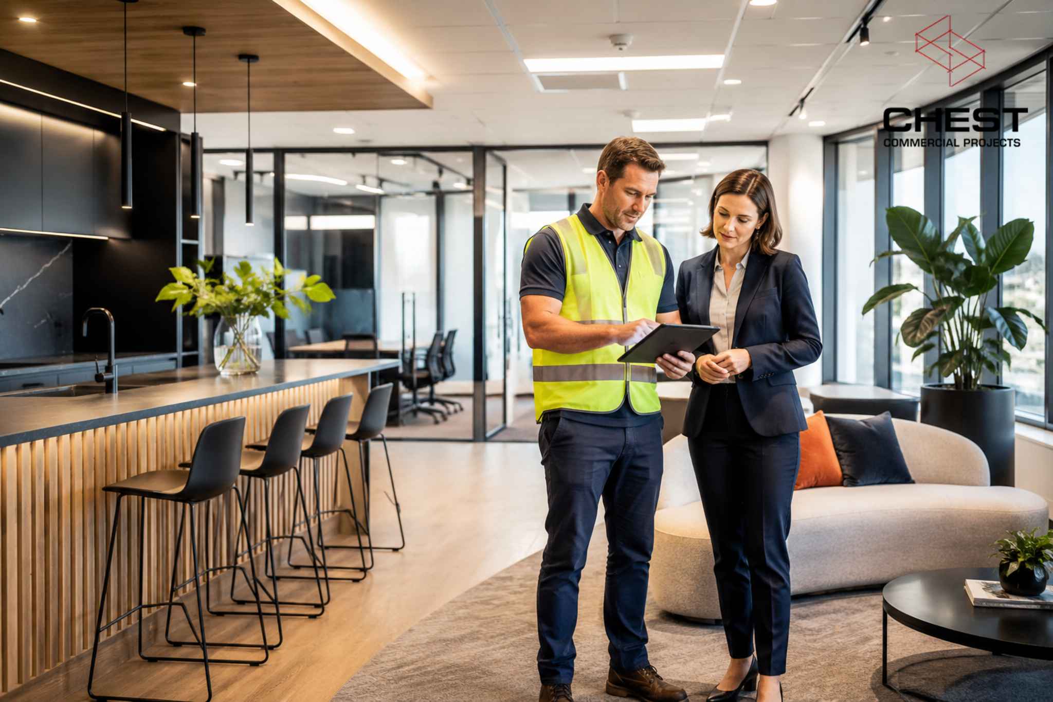 A commercial fitout contractor and client reviewing project details after handover in a completed office, representing defect inspections, warranty periods and ongoing post-fitout support for Western Australian businesses.