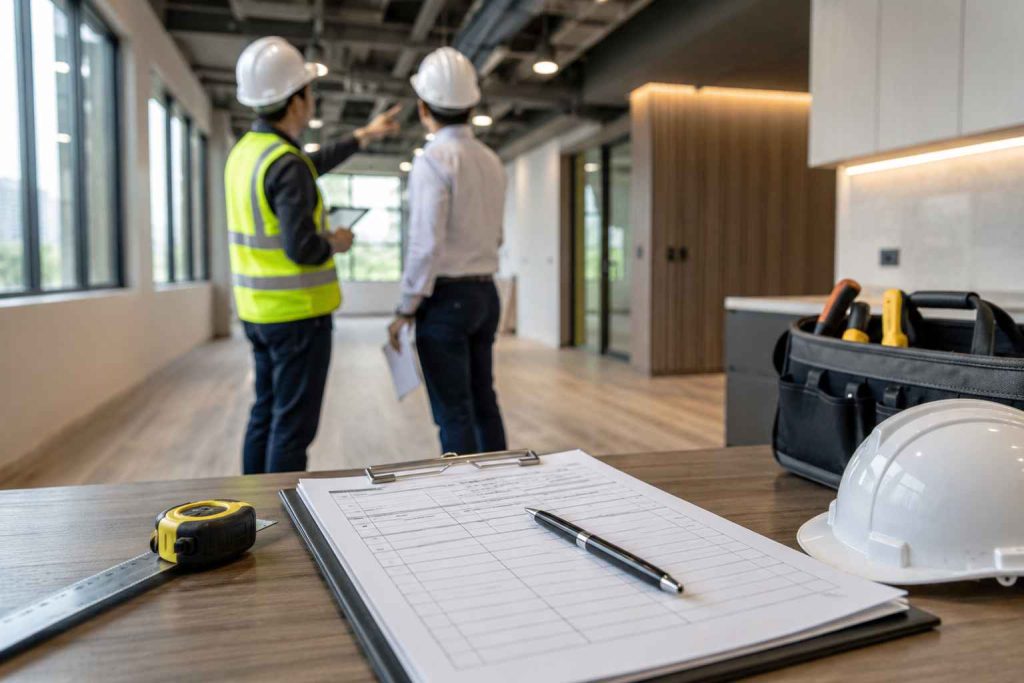 Construction professionals reviewing a defects liability checklist in a completed commercial fitout space after handover in Western Australia.